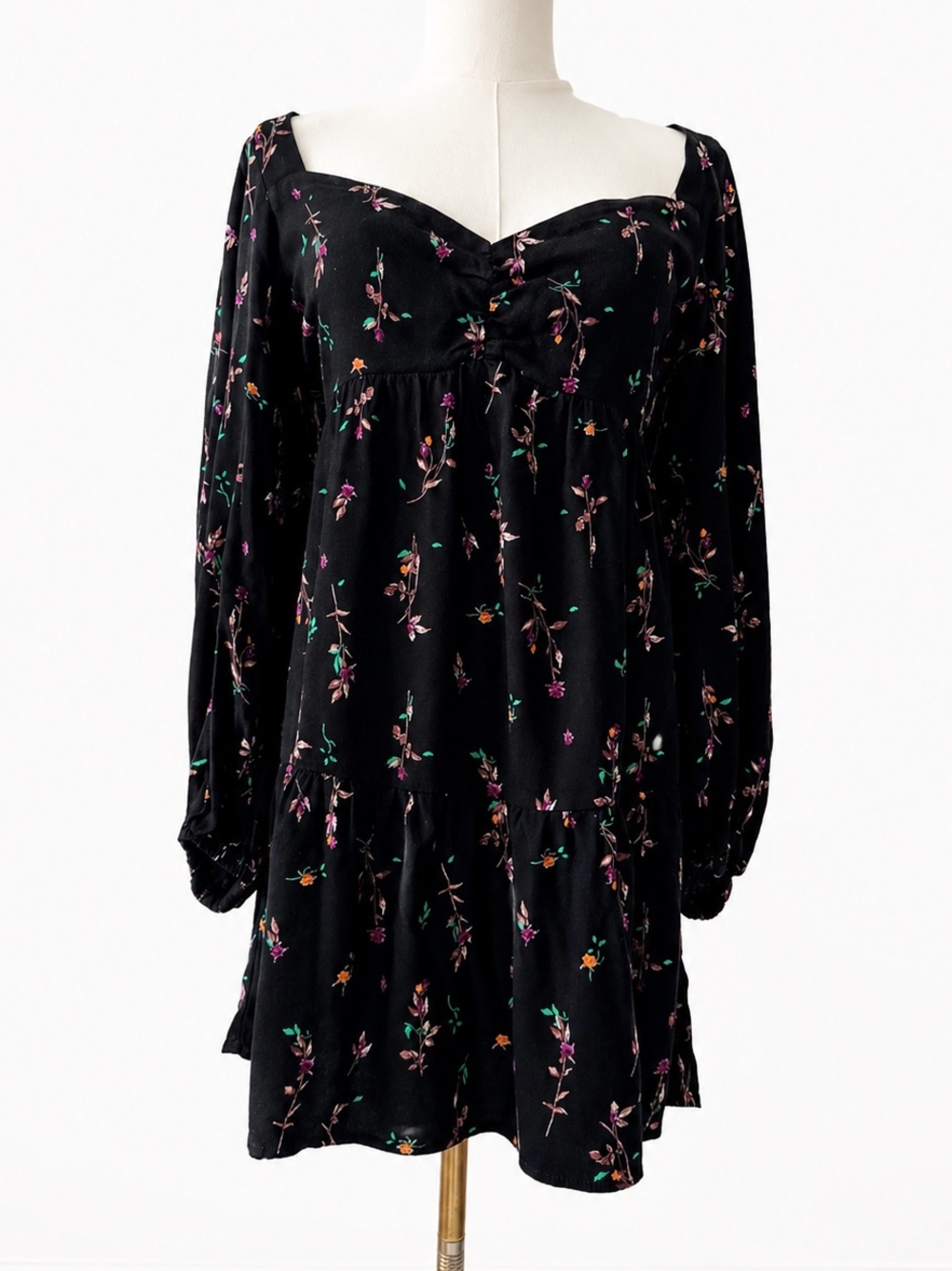 AFRM Black Floral Mini Dress Sweetheart Neck Puff Sleeve Babydoll Cottagecore M